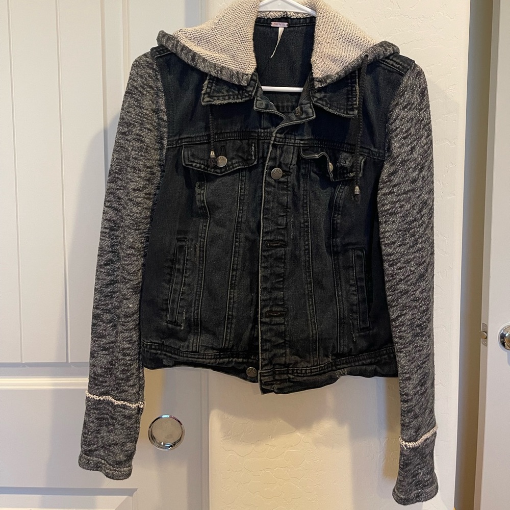 Free People distressed black denim sweater hooded jacket. Button up. Size small